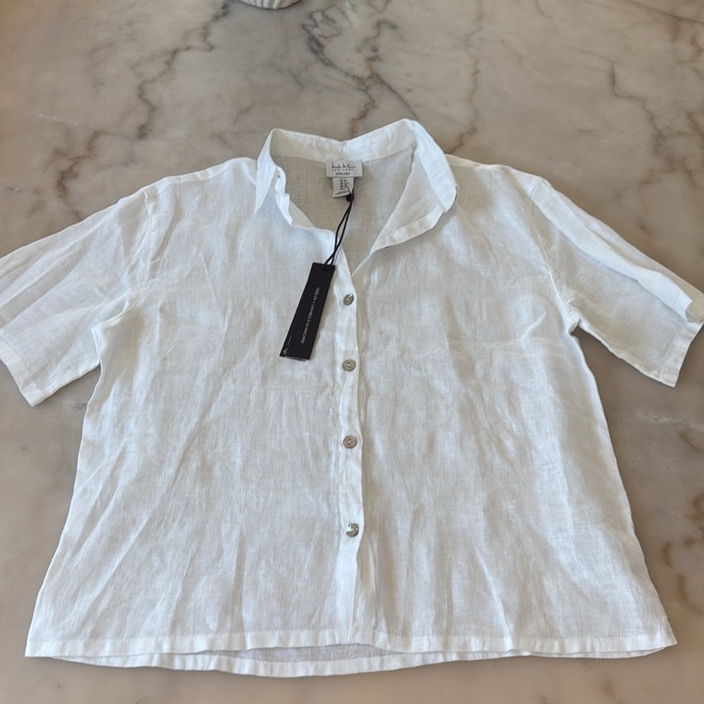 Nicole Miller White 100% Linen Button Down Shirt Short Sleeveless Loose Fit Sz S - Picture 6 of 12